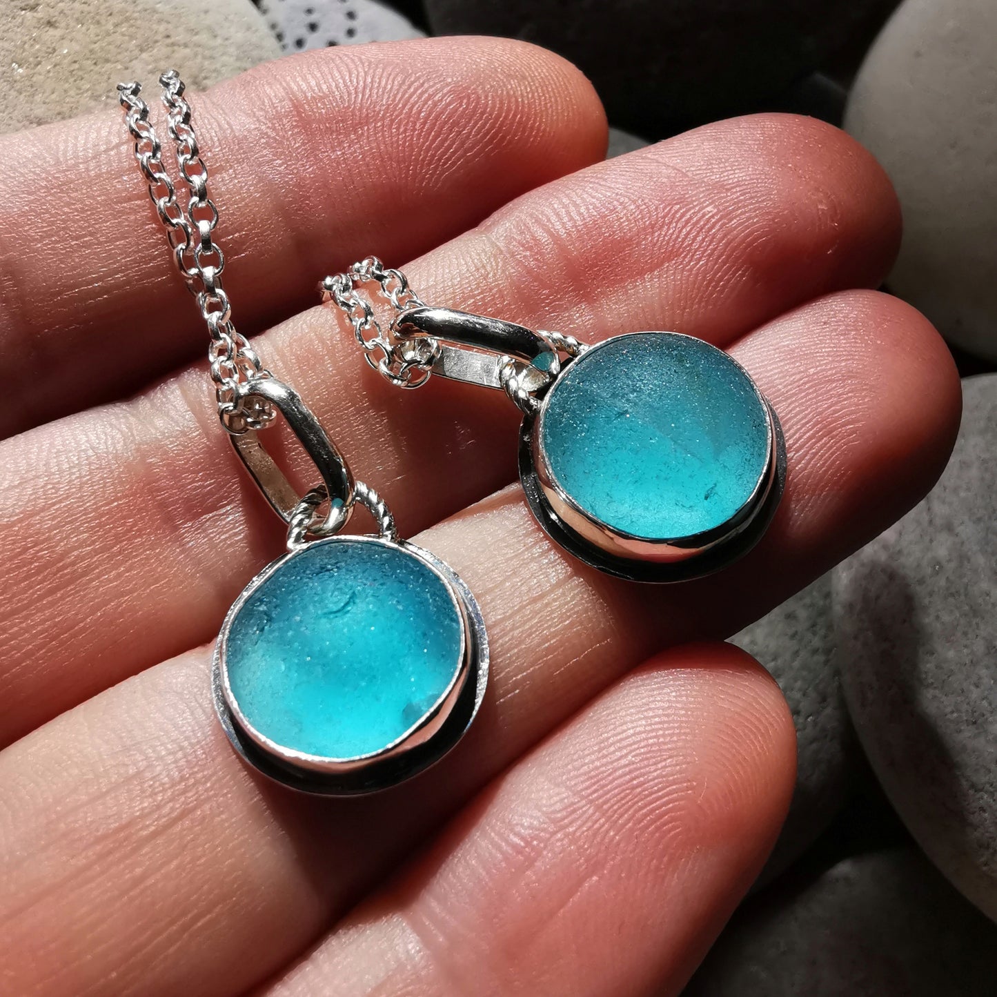 Matching sea glass marble pendants set, sterling silver, best friend, sisters, mother daughter jewellery.