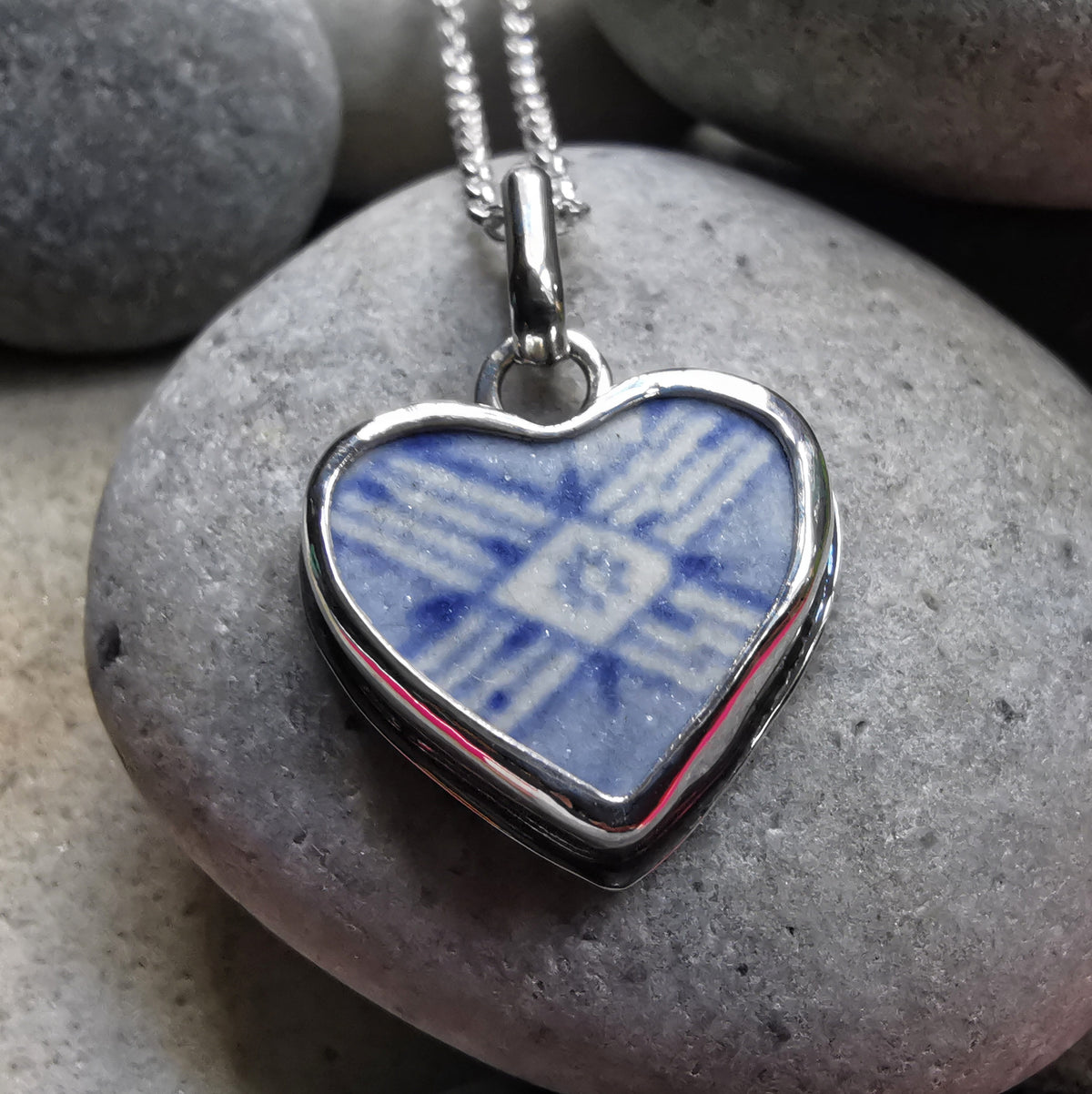 Scottish beach pottery blue willow pattern heart  & sterling silver pendant.