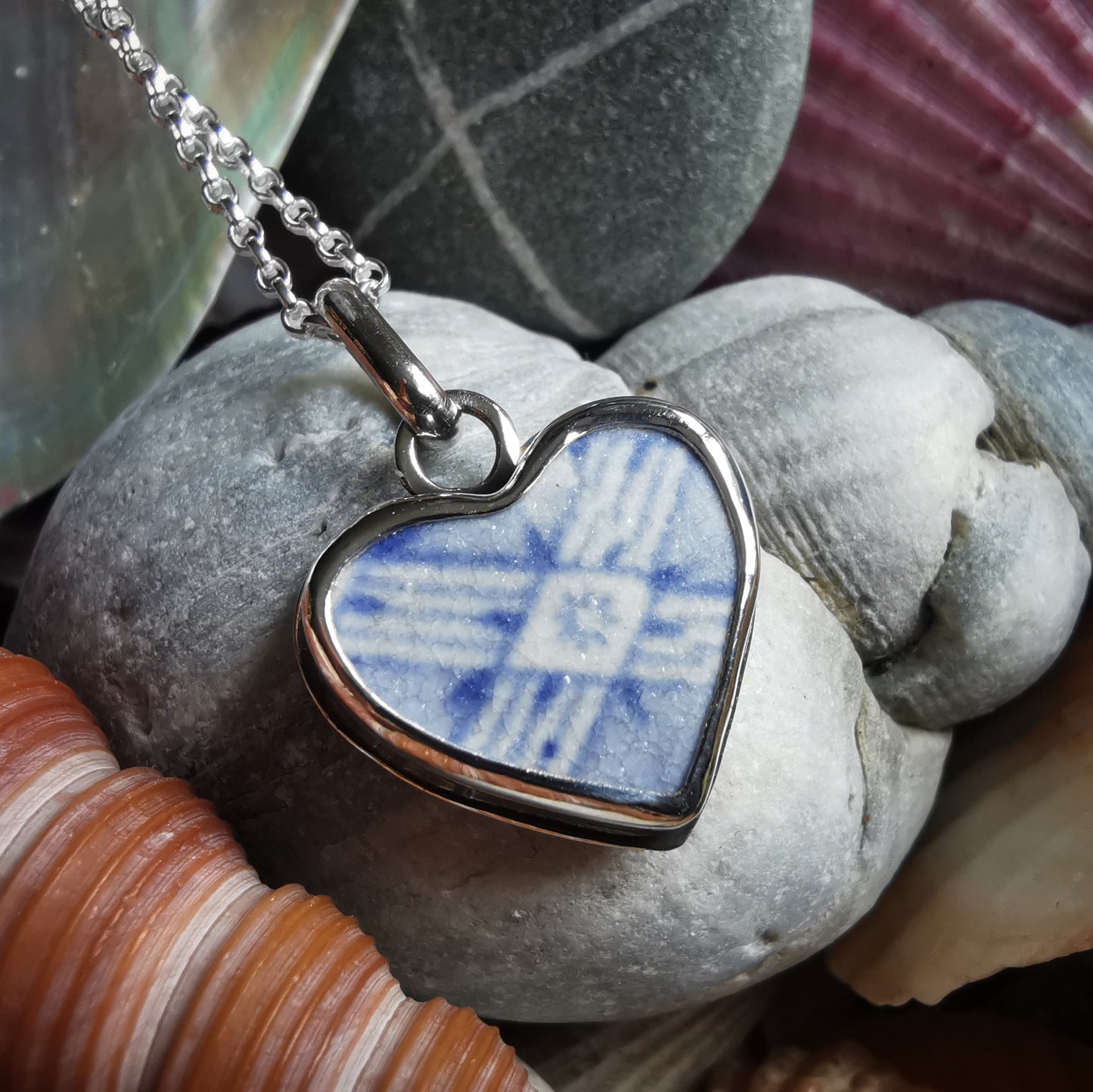 Scottish beach pottery blue willow pattern heart  & sterling silver pendant.