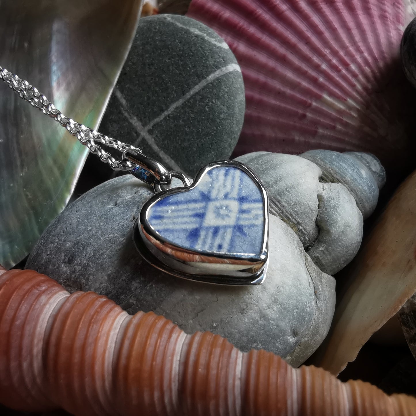 Scottish beach pottery blue willow pattern heart  & sterling silver pendant.