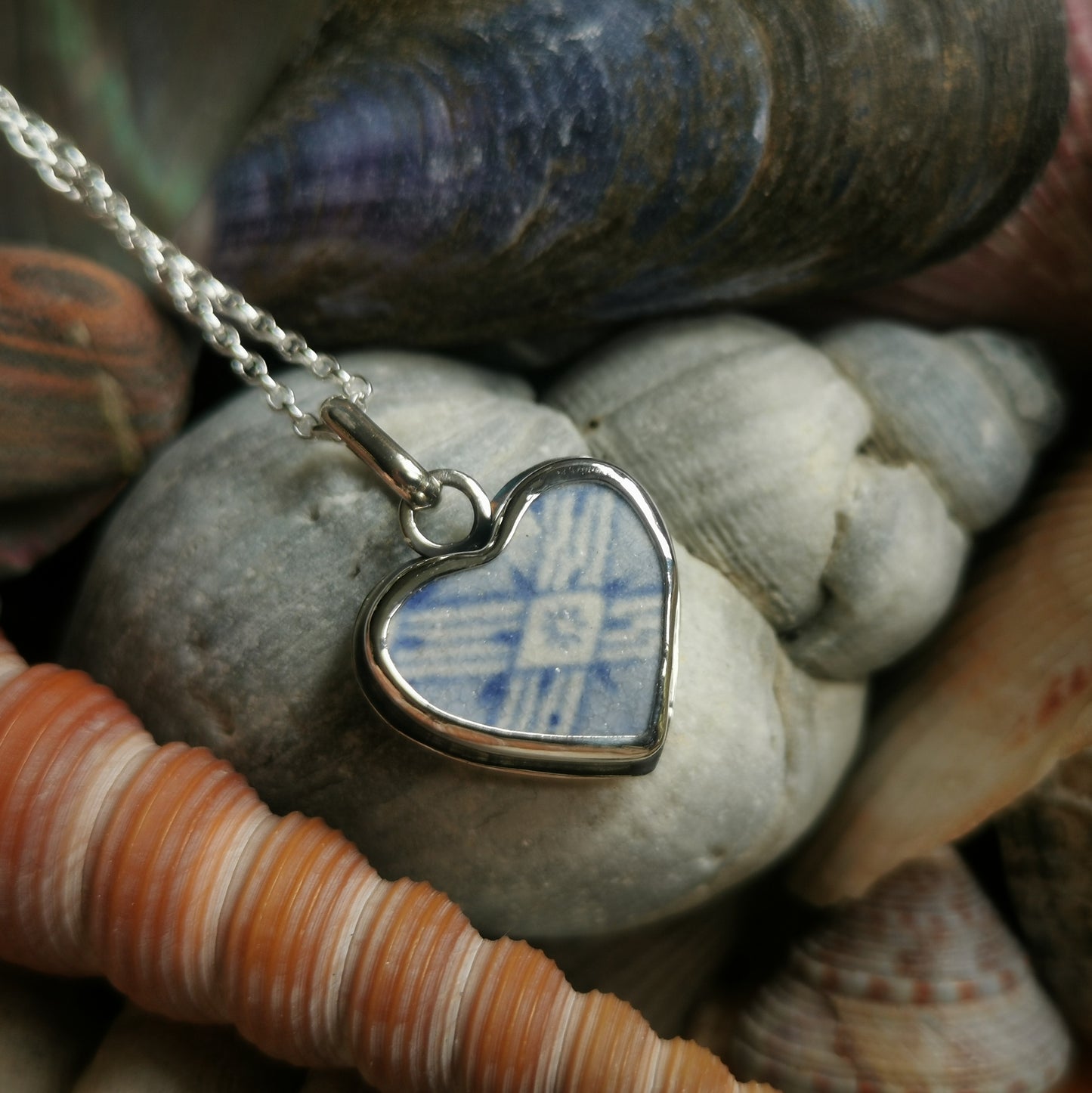 Scottish beach pottery blue willow pattern heart  & sterling silver pendant.