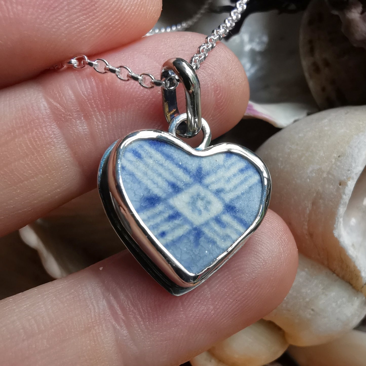 Scottish beach pottery blue willow pattern heart  & sterling silver pendant.