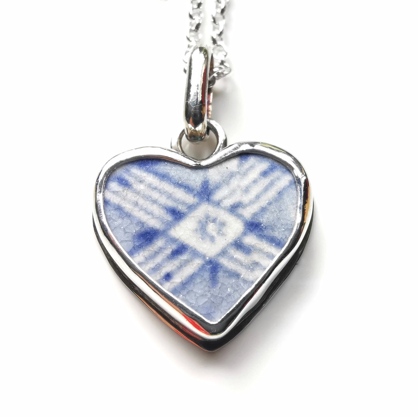 Scottish beach pottery blue willow pattern heart  & sterling silver pendant.