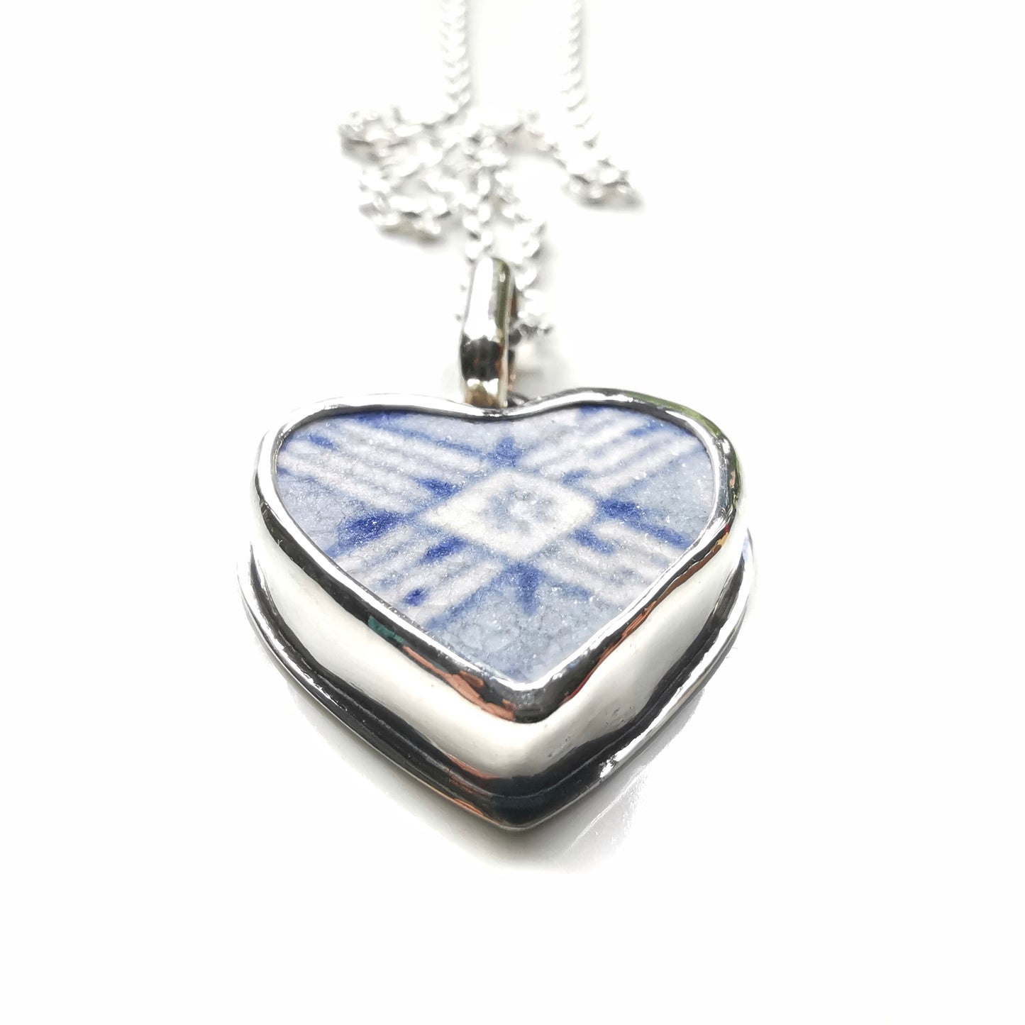 Scottish beach pottery blue willow pattern heart  & sterling silver pendant.