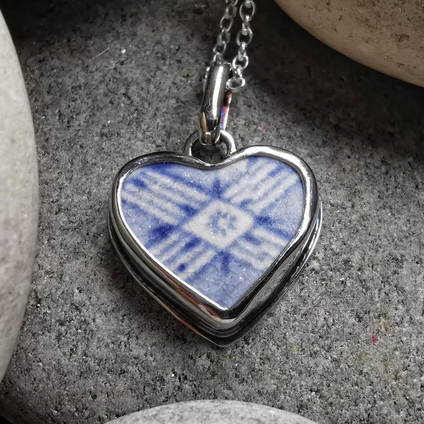 Scottish beach pottery blue willow pattern heart  & sterling silver pendant.