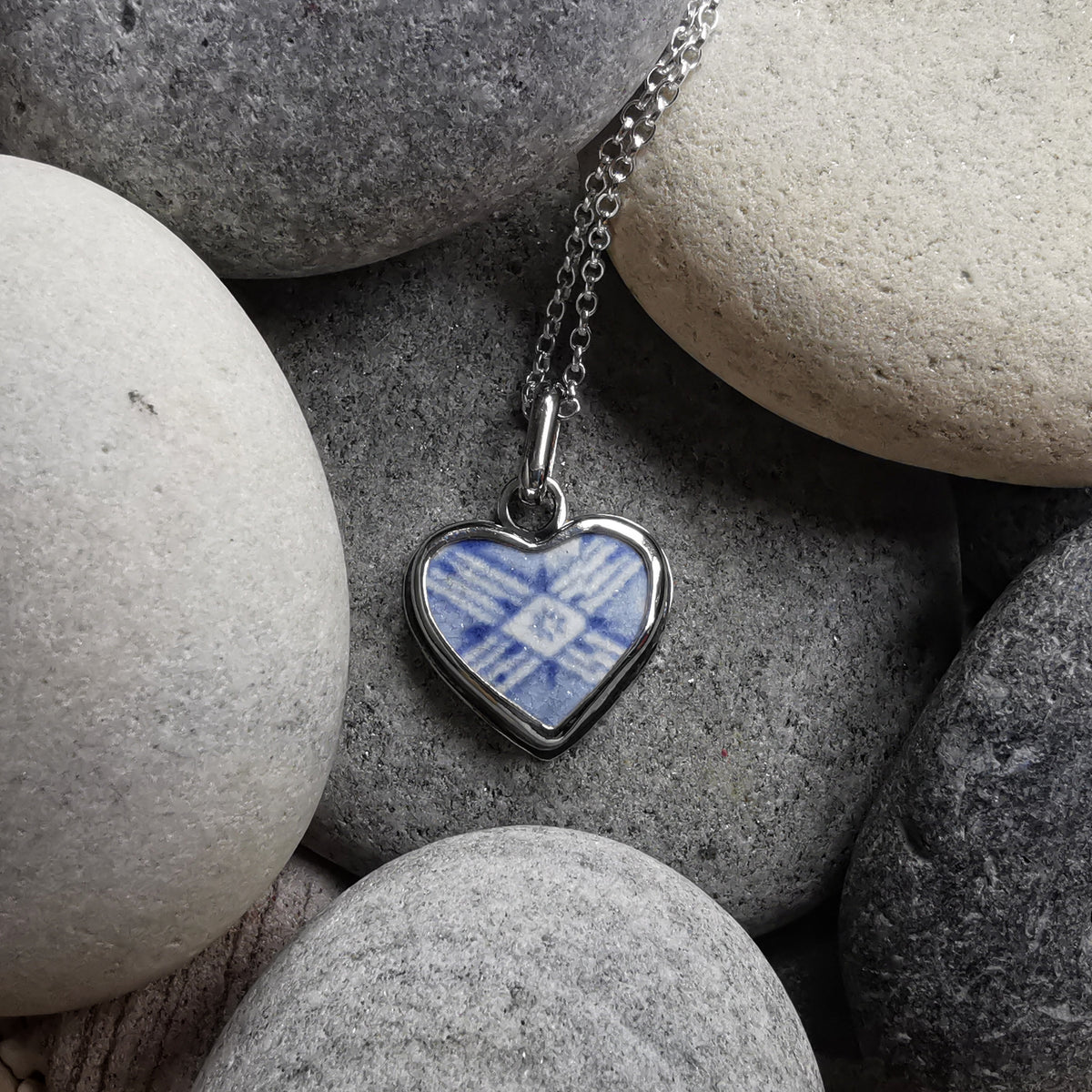 Scottish beach pottery blue willow pattern heart  & sterling silver pendant.