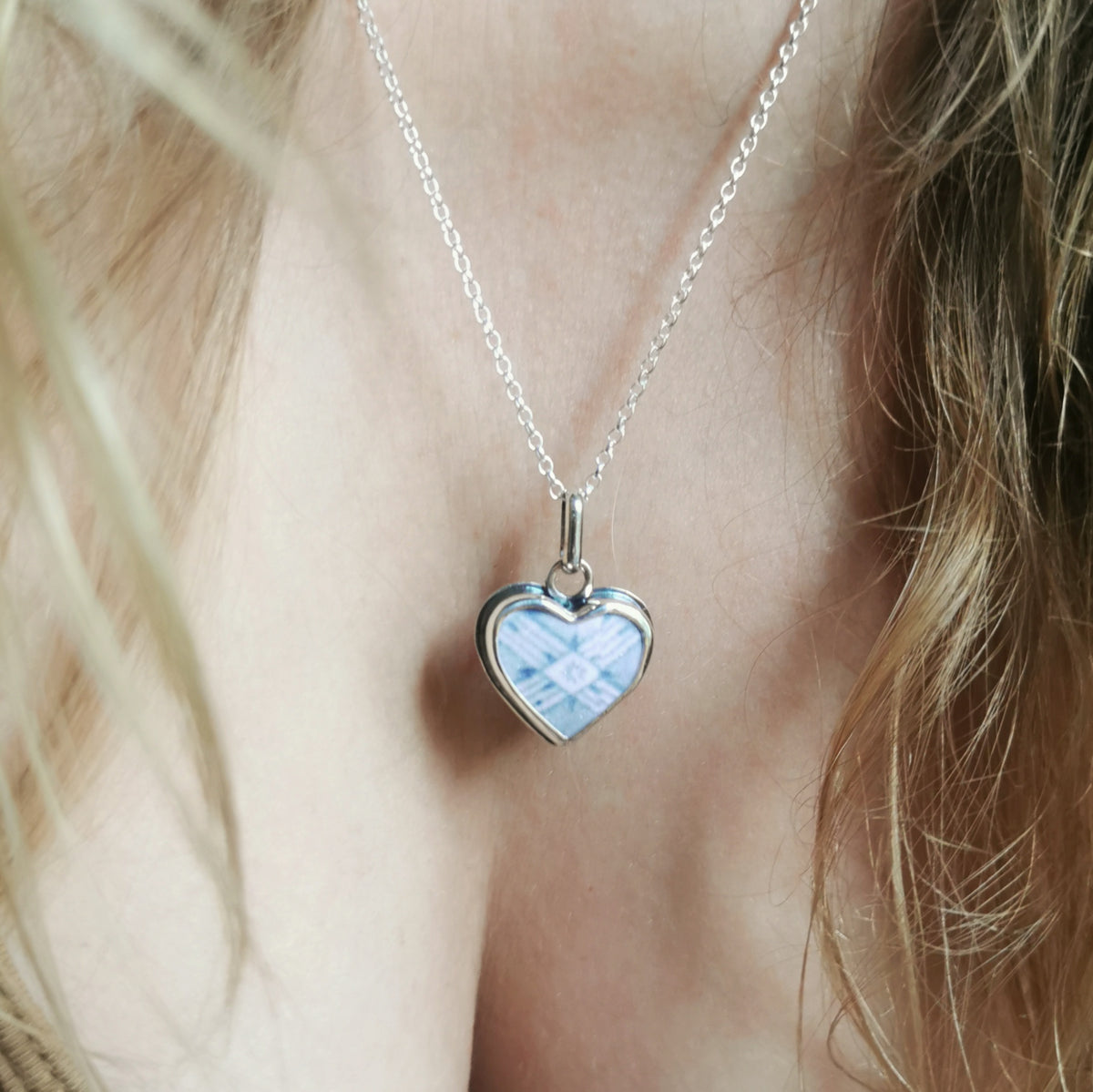 Scottish beach pottery blue willow pattern heart  & sterling silver pendant.