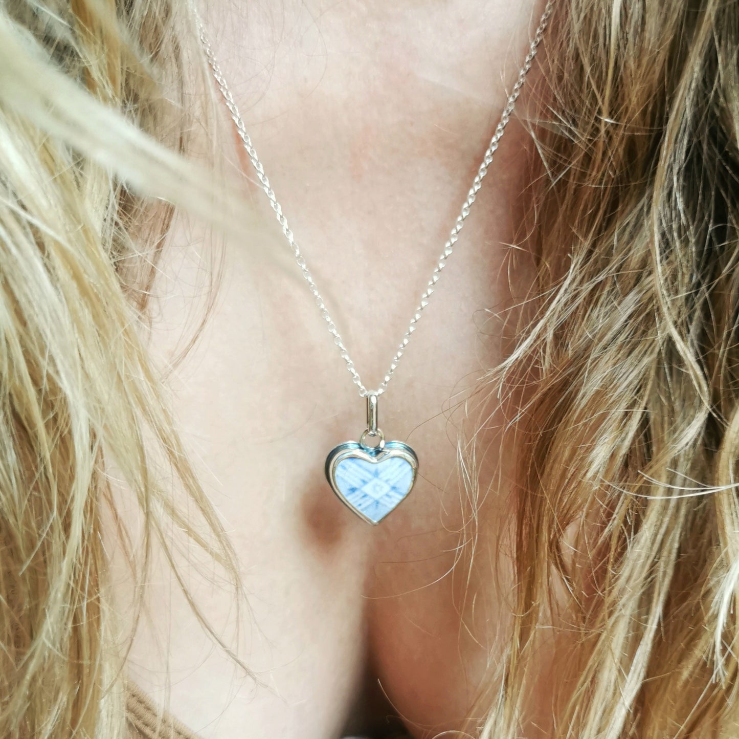 Scottish beach pottery blue willow pattern heart  & sterling silver pendant.