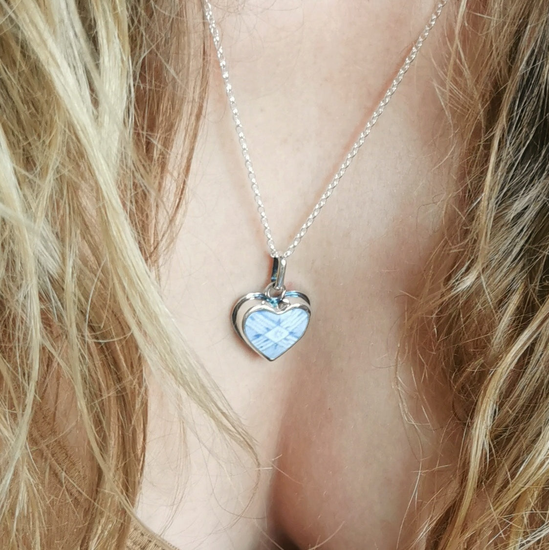 Scottish beach pottery blue willow pattern heart  & sterling silver pendant.