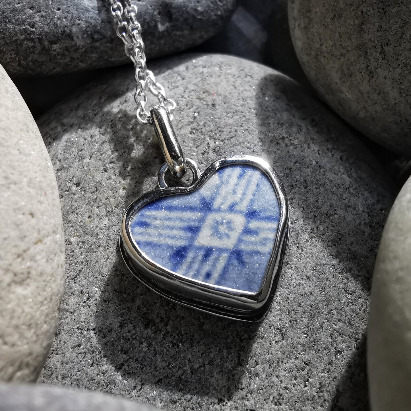 Scottish beach pottery blue willow pattern heart  & sterling silver pendant.