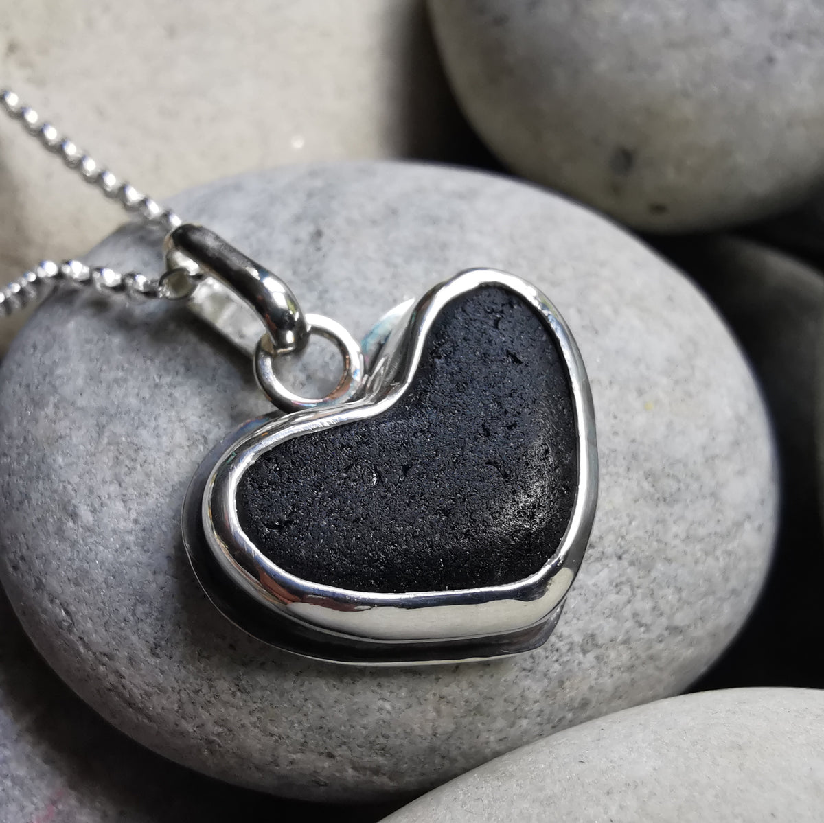 Scottish black sea glass heart & sterling silver pendant.