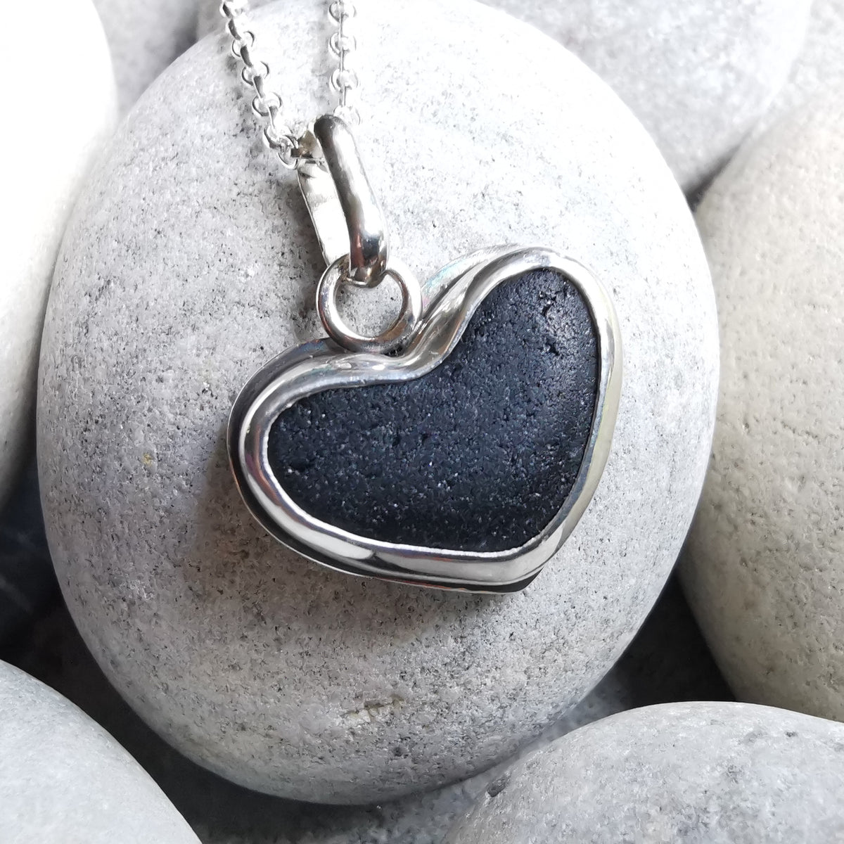 Scottish black sea glass heart & sterling silver pendant.