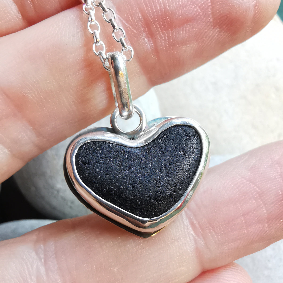 Scottish black sea glass heart & sterling silver pendant.
