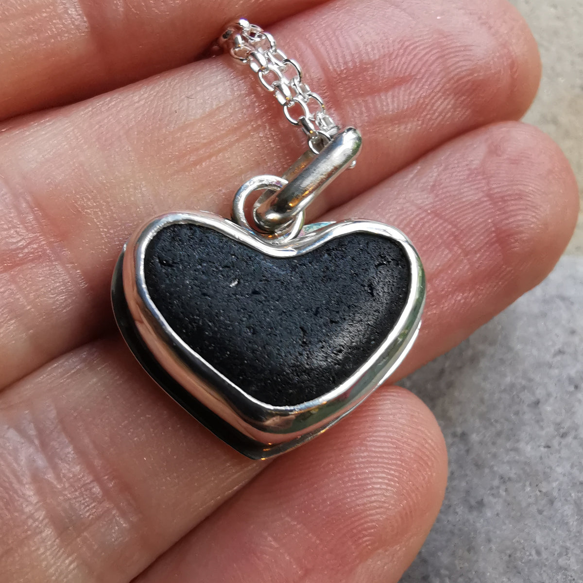 Scottish black sea glass heart & sterling silver pendant.