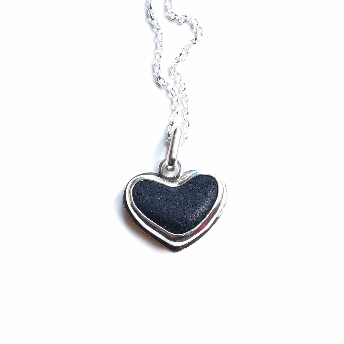 Scottish black sea glass heart & sterling silver pendant.