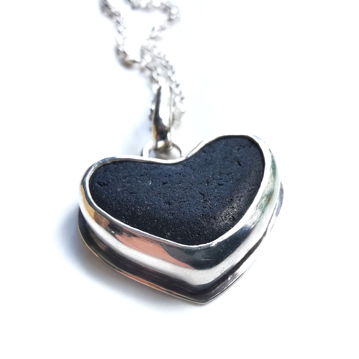 Scottish black sea glass heart & sterling silver pendant.