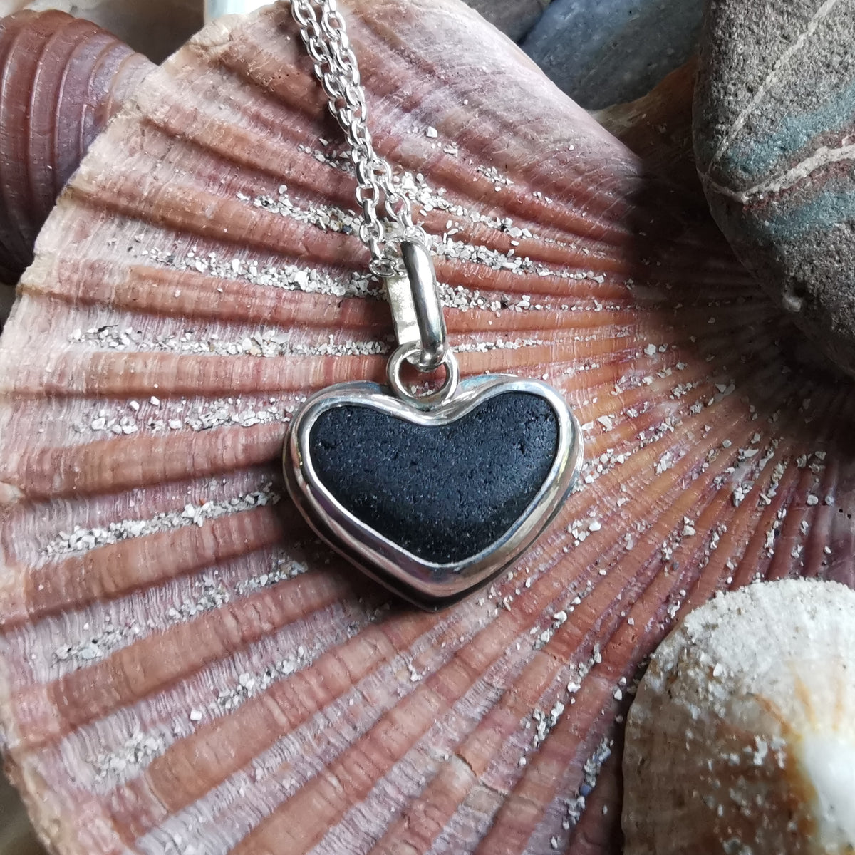 Scottish black sea glass heart & sterling silver pendant.