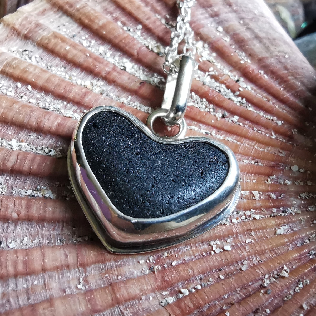 Scottish black sea glass heart & sterling silver pendant.