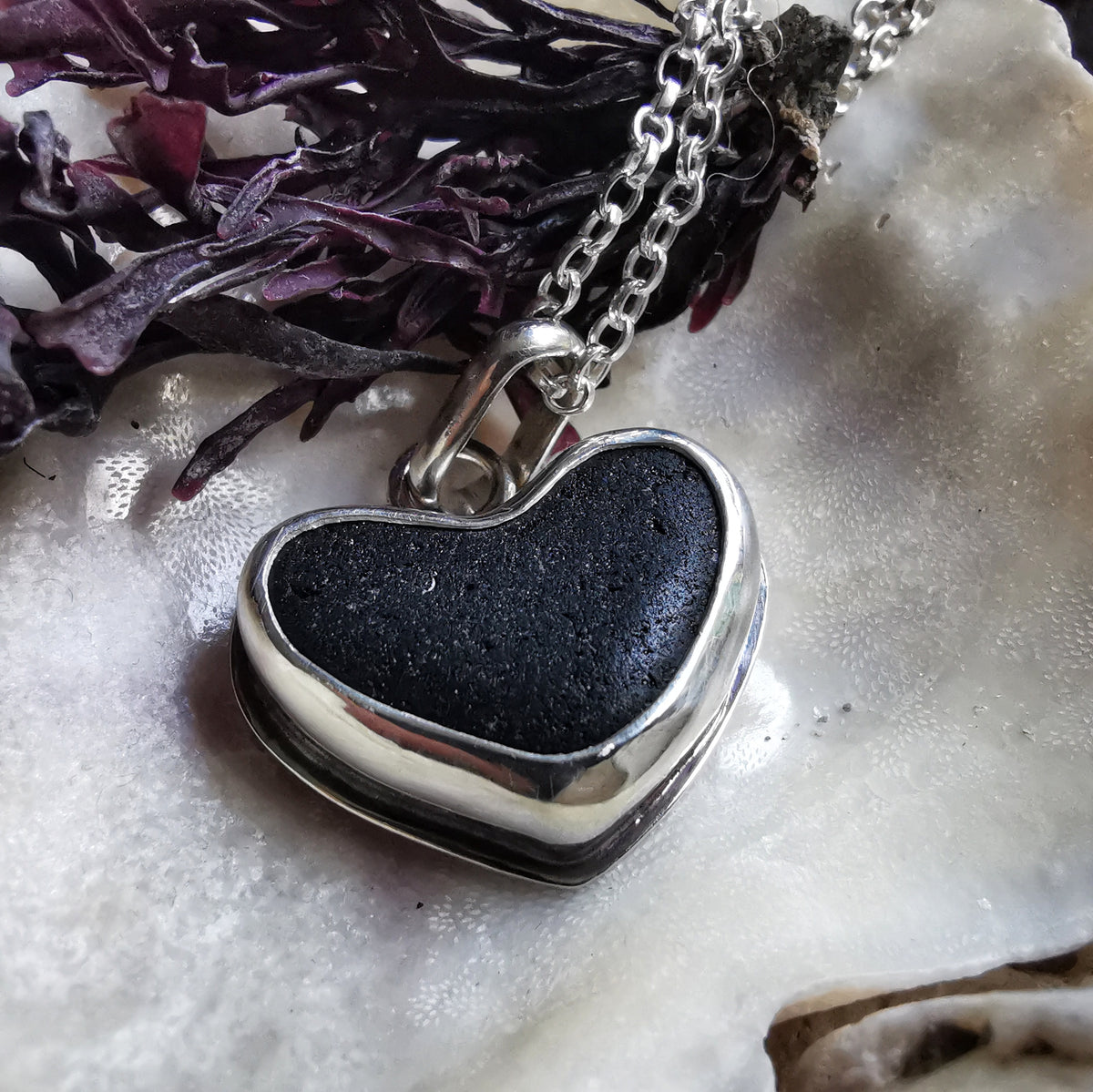 Scottish black sea glass heart & sterling silver pendant.