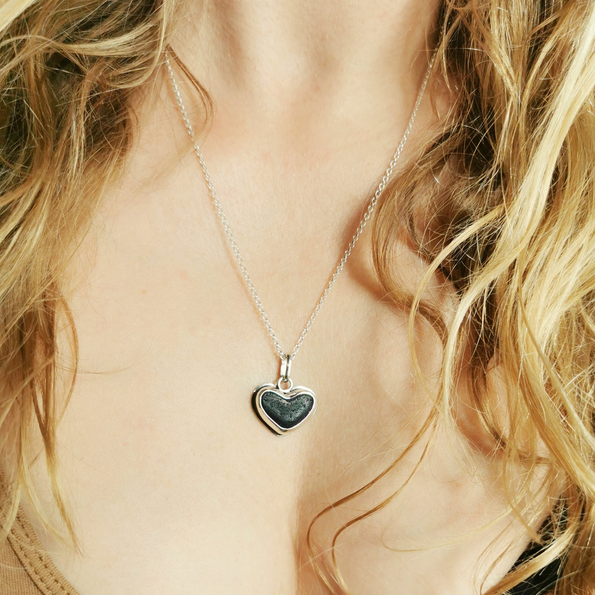 Scottish black sea glass heart & sterling silver pendant.