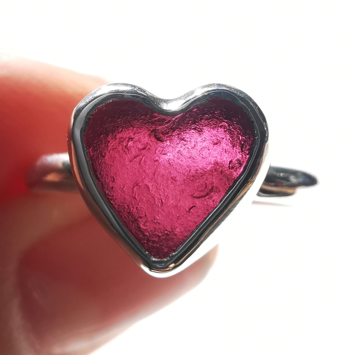 Scottish magenta pink sea glass heart & sterling silver ring size N/7.