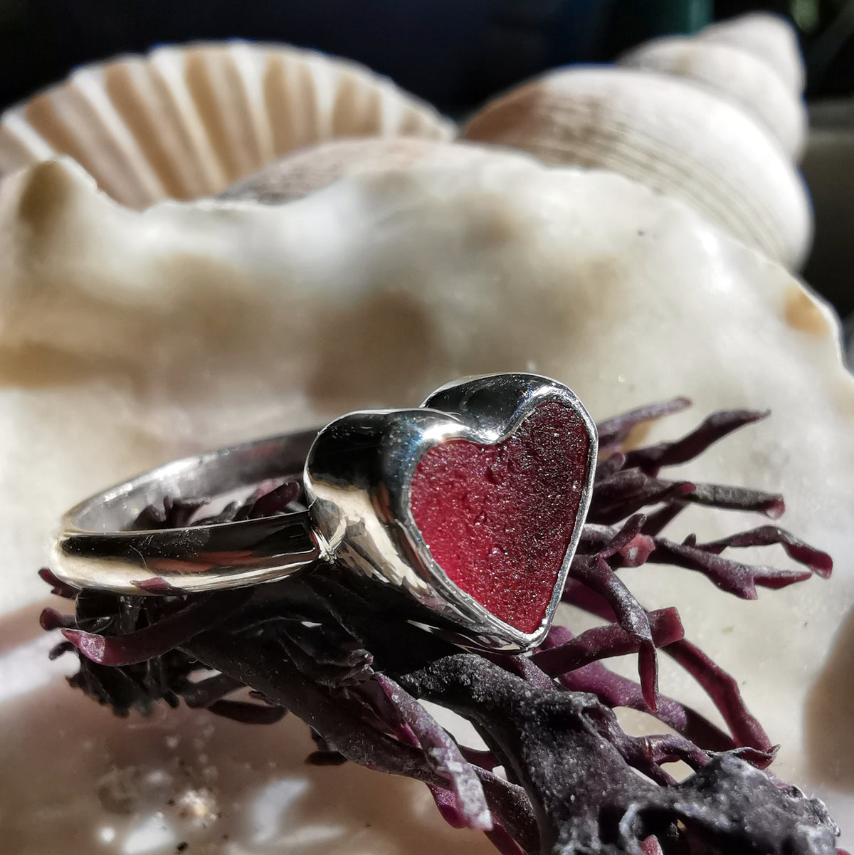 Scottish magenta pink sea glass heart & sterling silver ring size N/7.