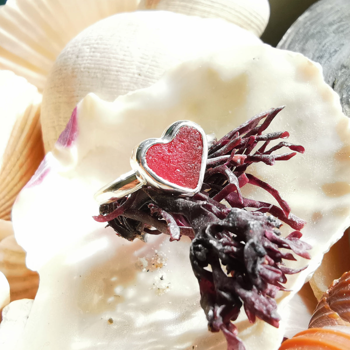 Scottish magenta pink sea glass heart & sterling silver ring size N/7.