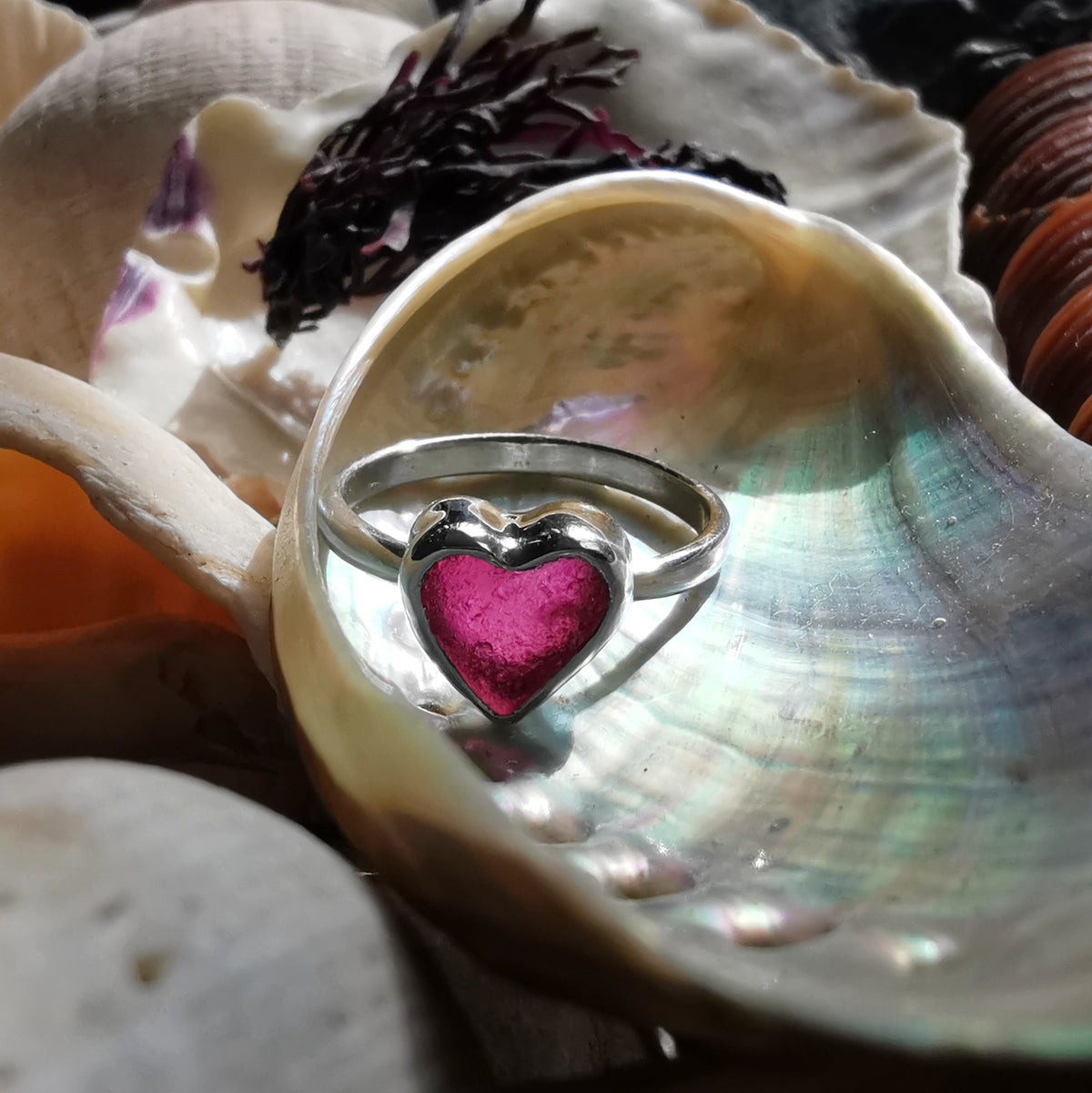 Scottish magenta pink sea glass heart & sterling silver ring size N/7.