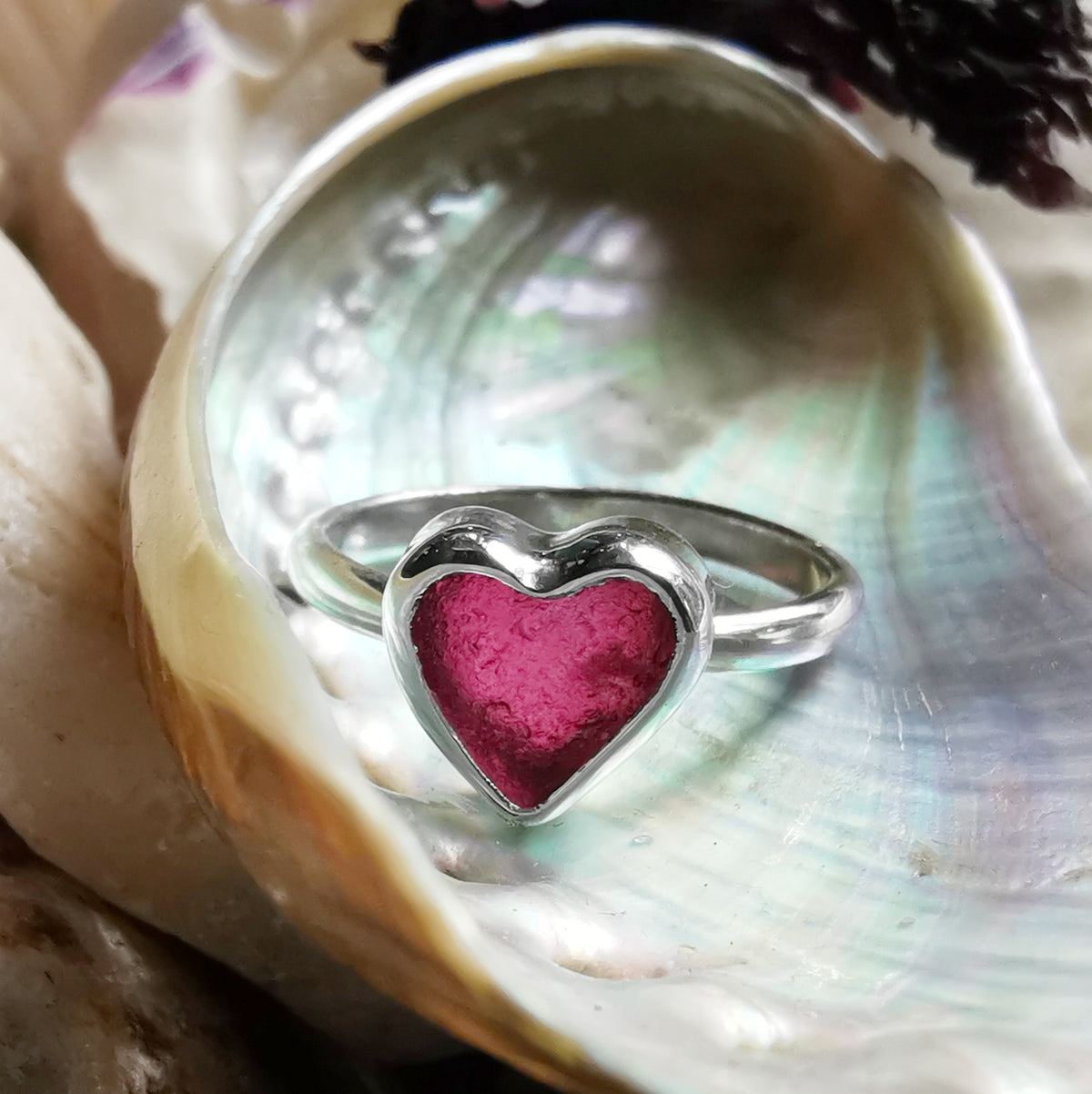 Scottish magenta pink sea glass heart & sterling silver ring size N/7.