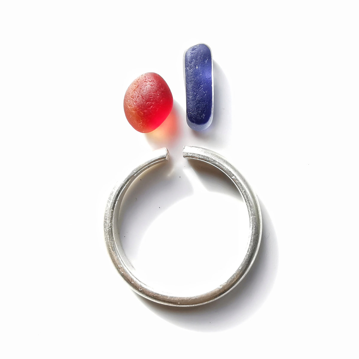 Seaham red and blue sea glass adjustable silver ring.