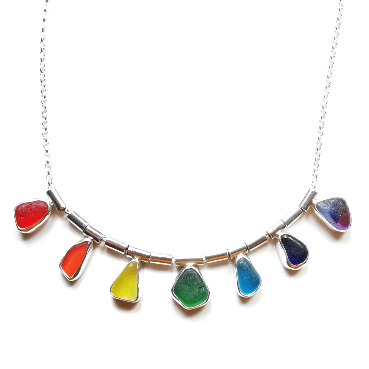 Genuine rainbow sea glass & sterling silver necklace.