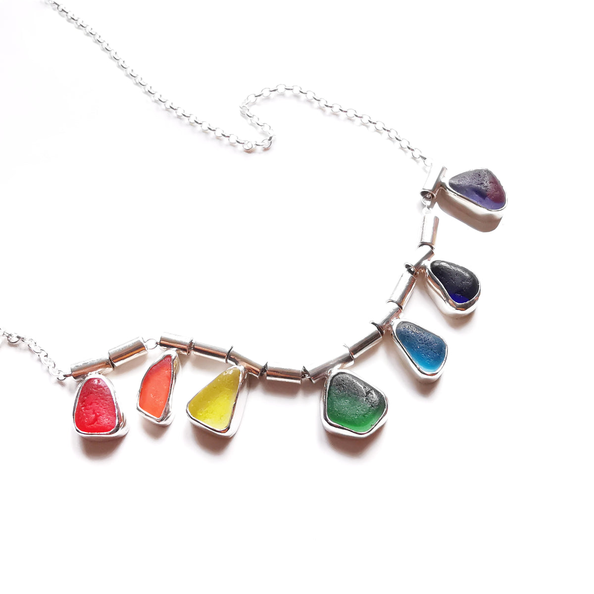 Genuine rainbow sea glass & sterling silver necklace.