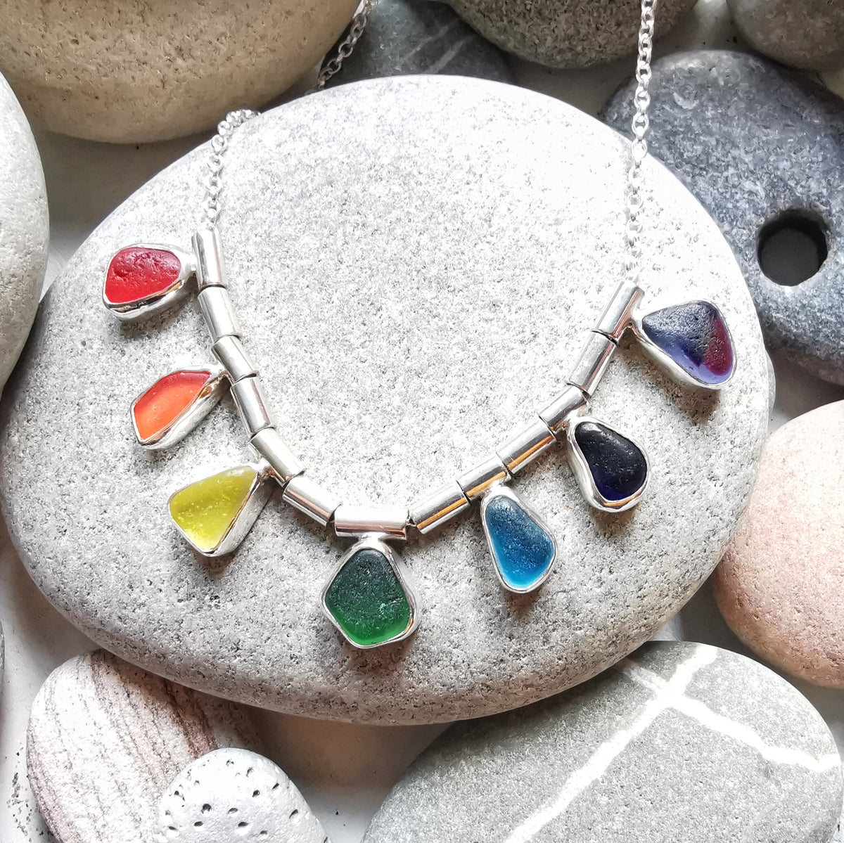 Genuine rainbow sea glass & sterling silver necklace.