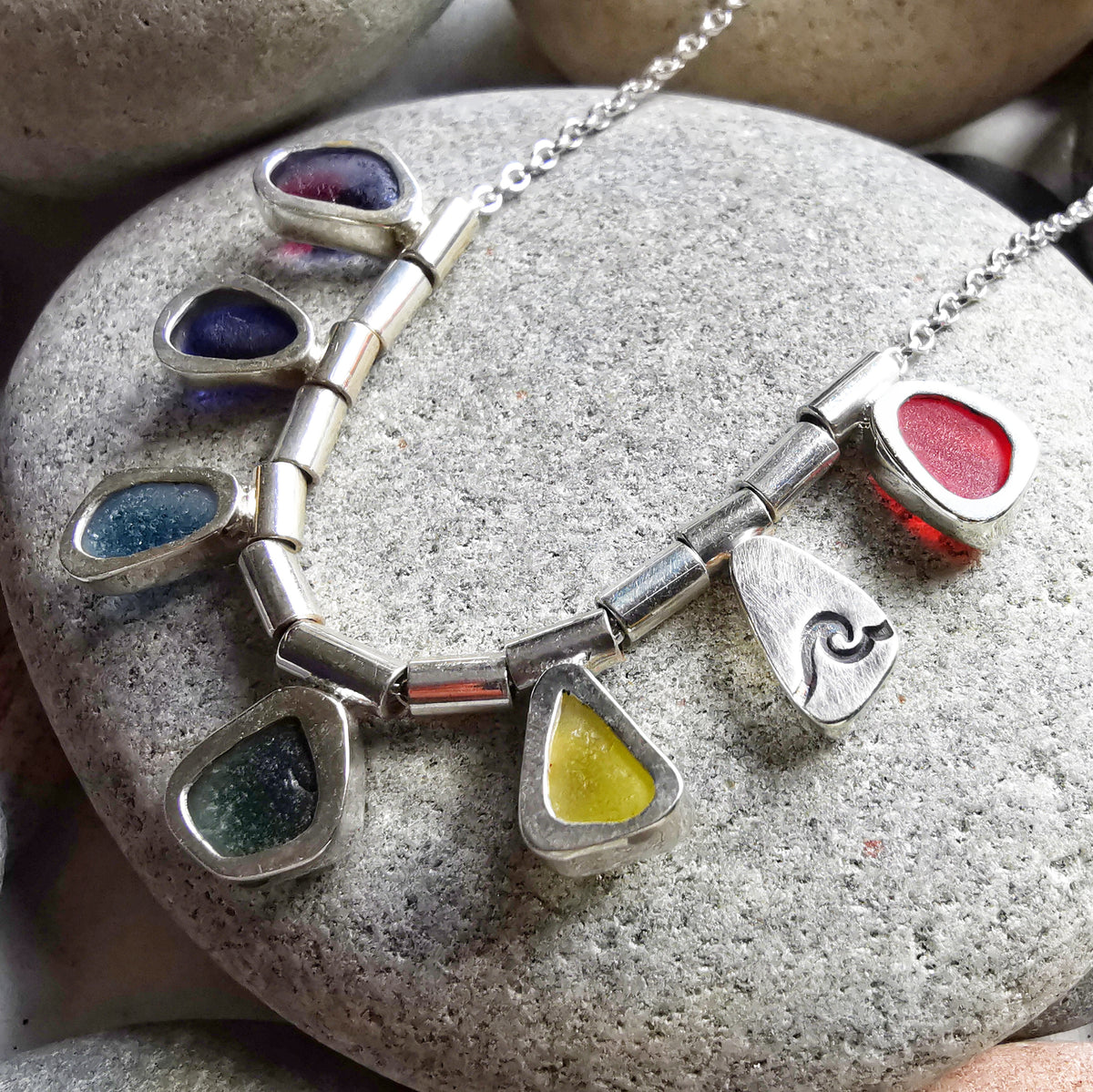Genuine rainbow sea glass & sterling silver necklace.