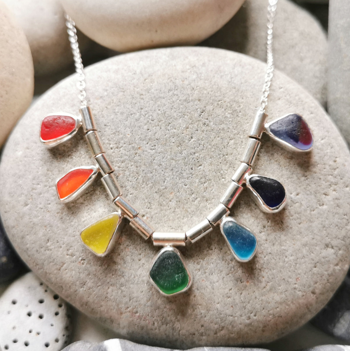 Genuine rainbow sea glass & sterling silver necklace.