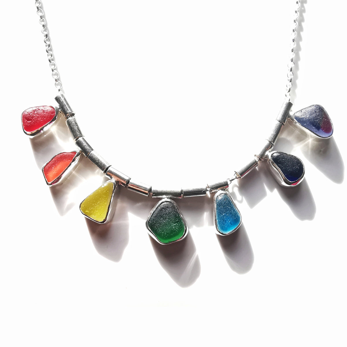 Genuine rainbow sea glass & sterling silver necklace.
