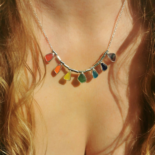 Genuine rainbow sea glass & sterling silver necklace.