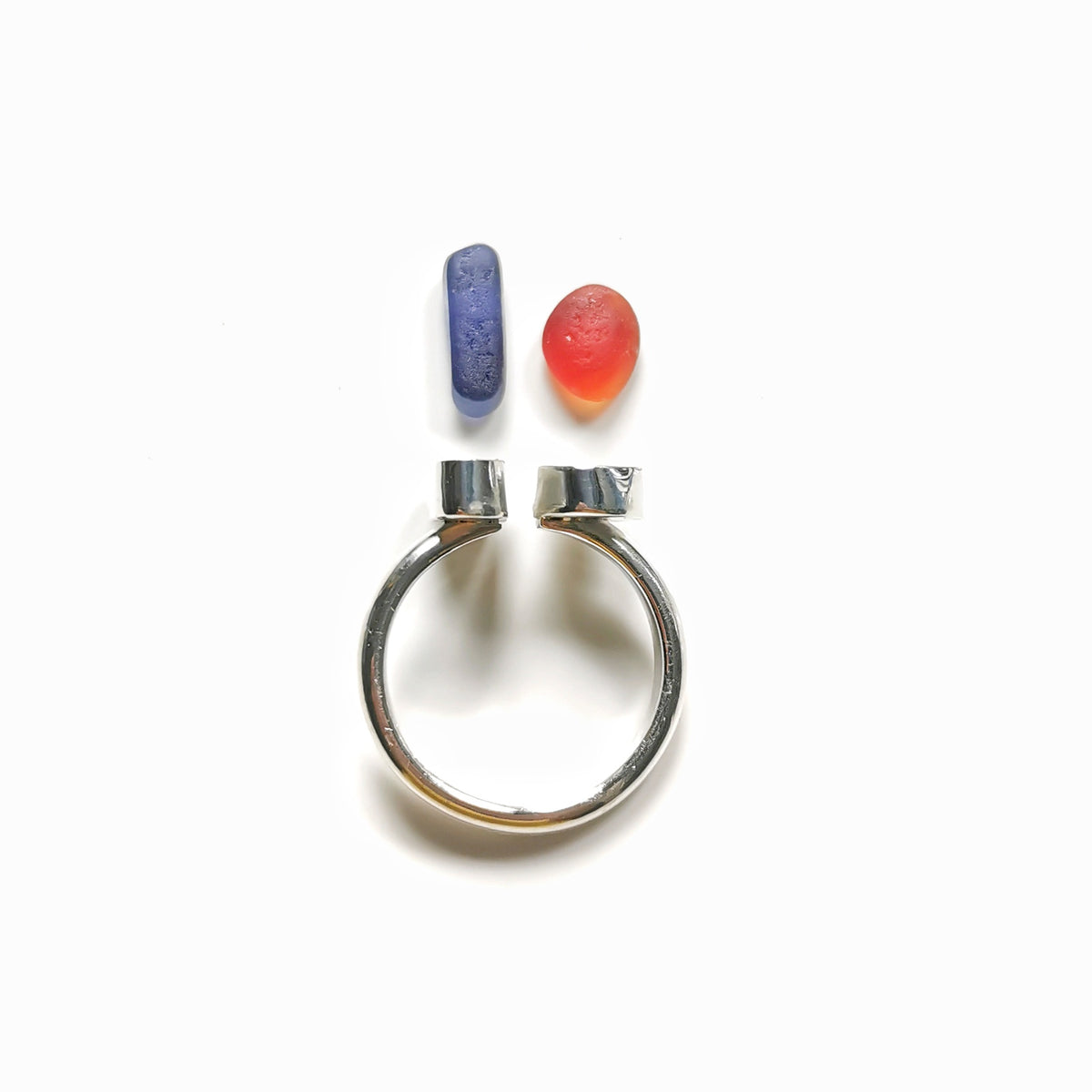 Seaham red and blue sea glass adjustable silver ring.