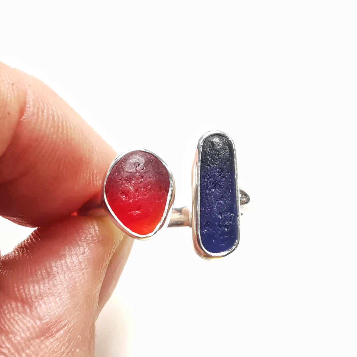 Seaham red and blue sea glass adjustable silver ring.