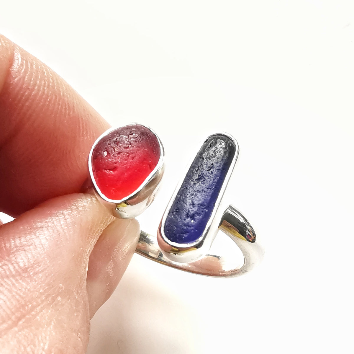 Seaham red and blue sea glass adjustable silver ring.