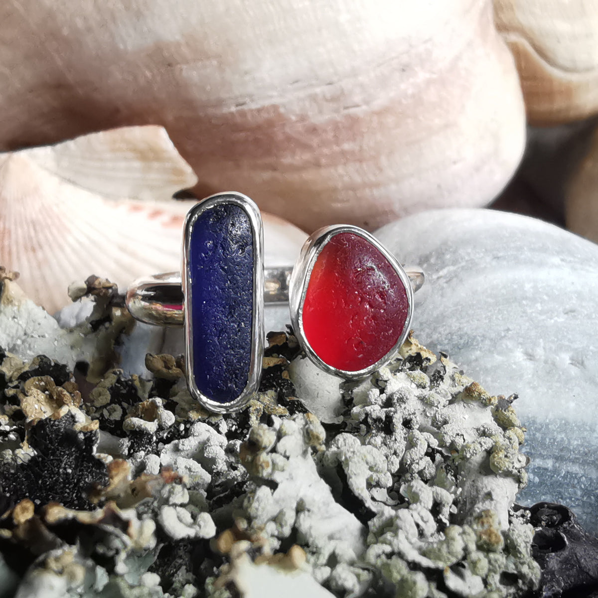 Seaham red and blue sea glass adjustable silver ring.