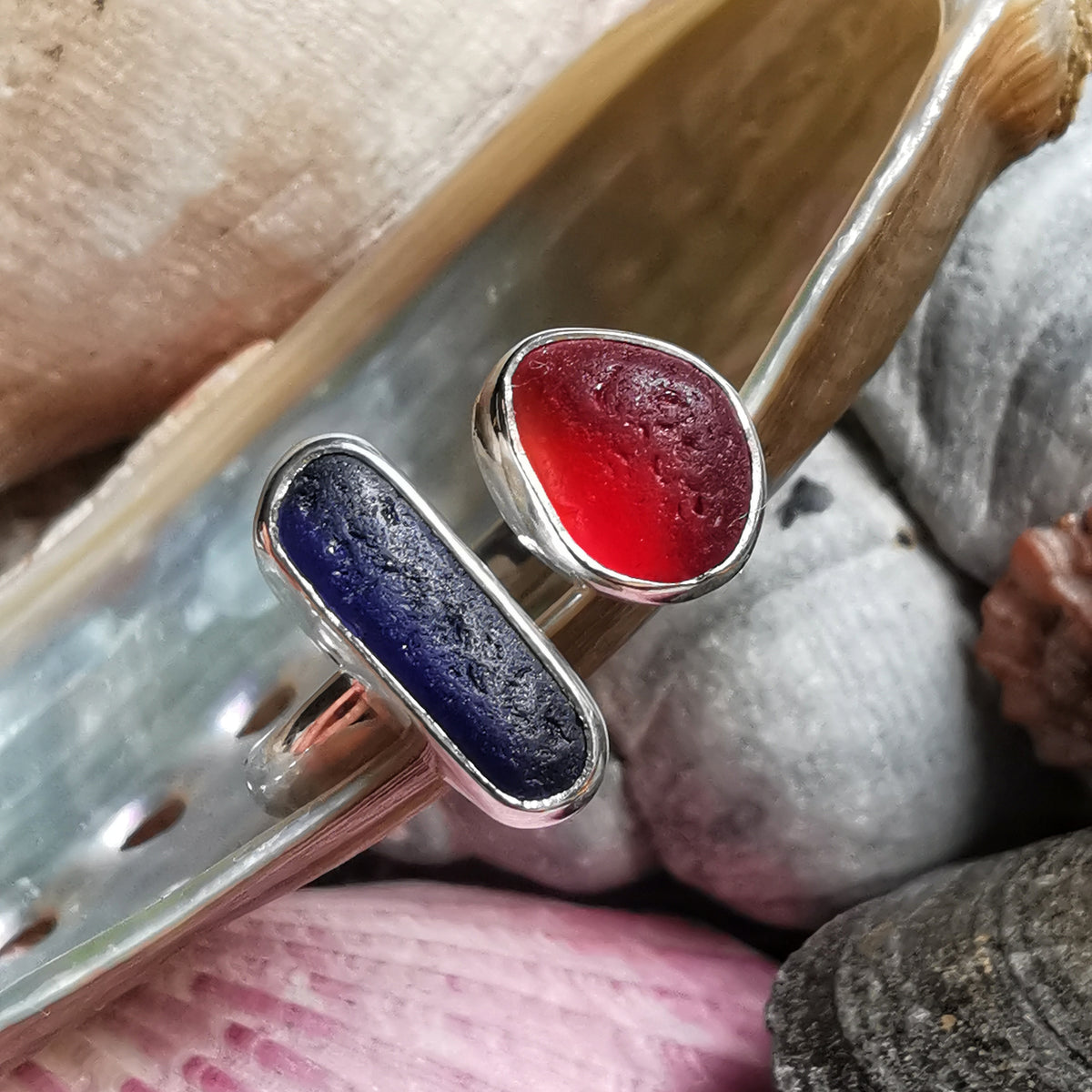 Seaham red and blue sea glass adjustable silver ring.