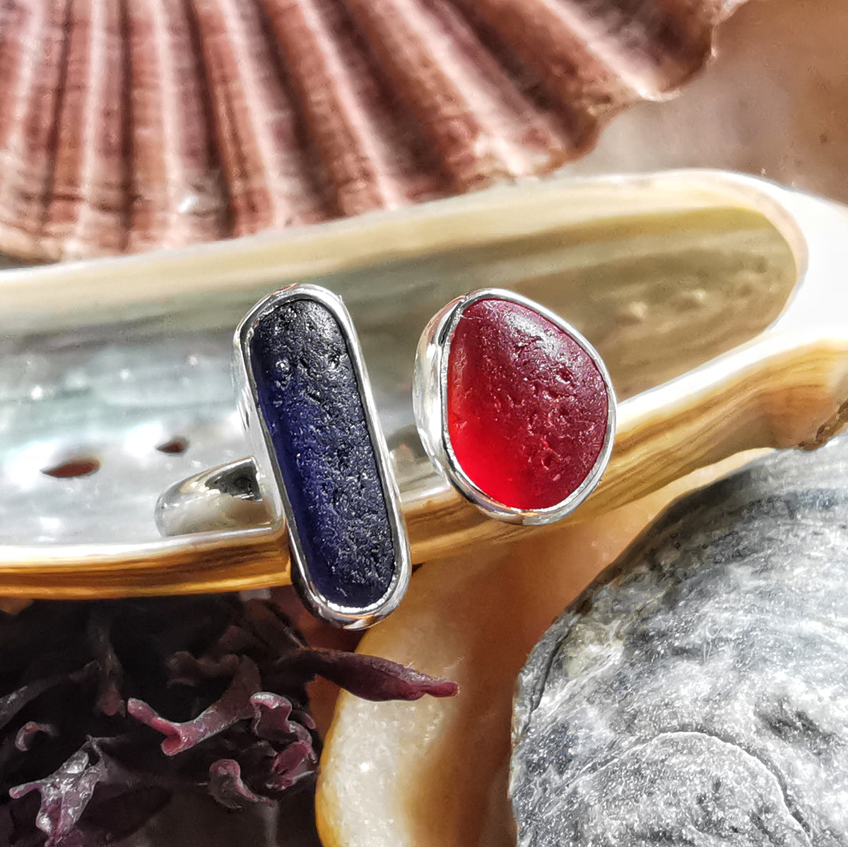 Seaham red and blue sea glass adjustable silver ring.