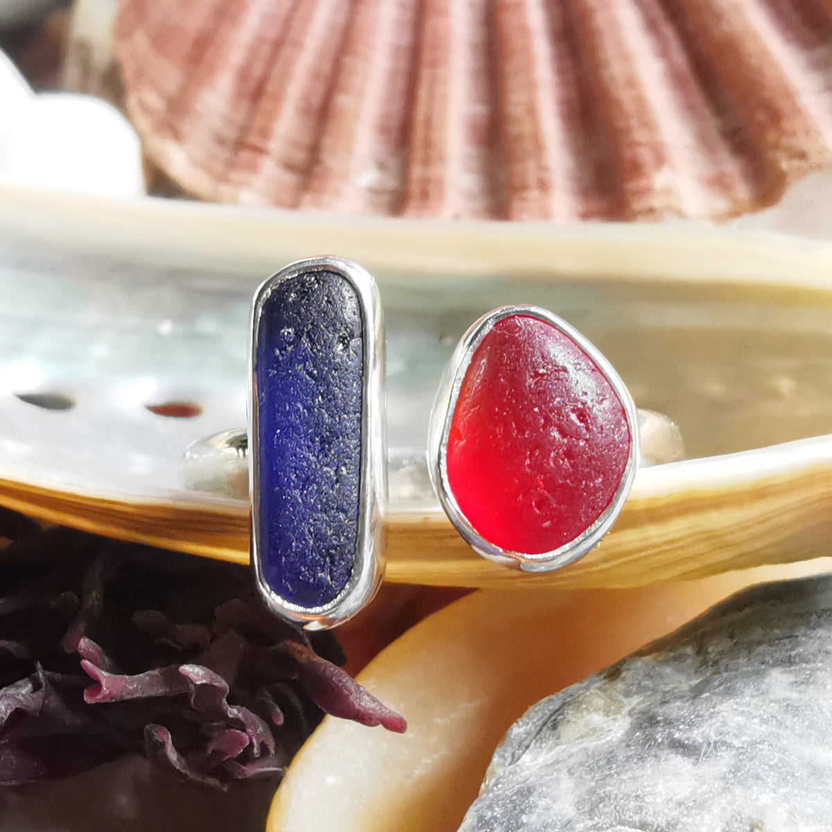 Seaham red and blue sea glass adjustable silver ring.