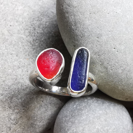 Seaham red and blue sea glass adjustable silver ring.