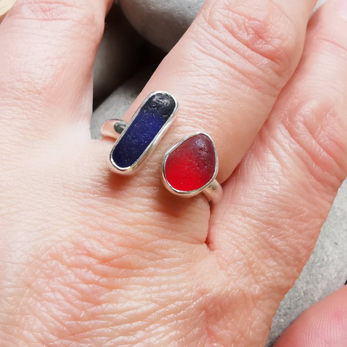Seaham red and blue sea glass adjustable silver ring.
