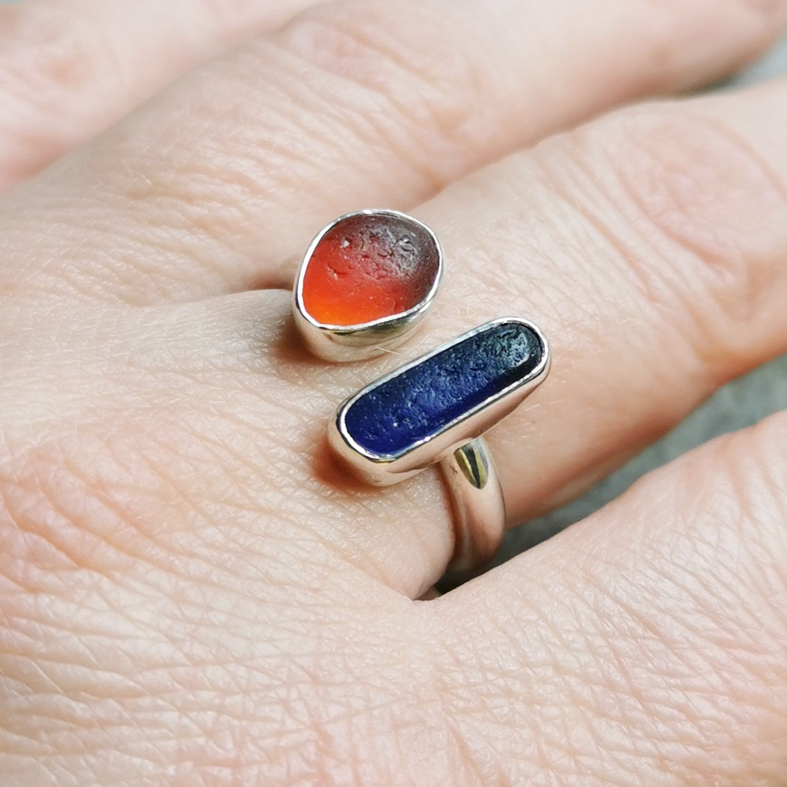 Seaham red and blue sea glass adjustable silver ring.