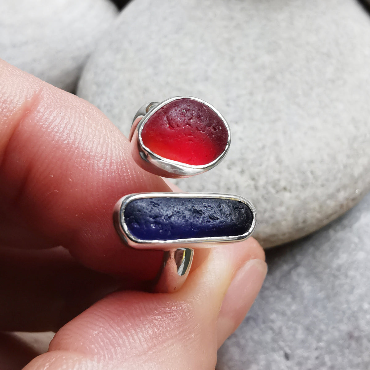 Seaham red and blue sea glass adjustable silver ring.