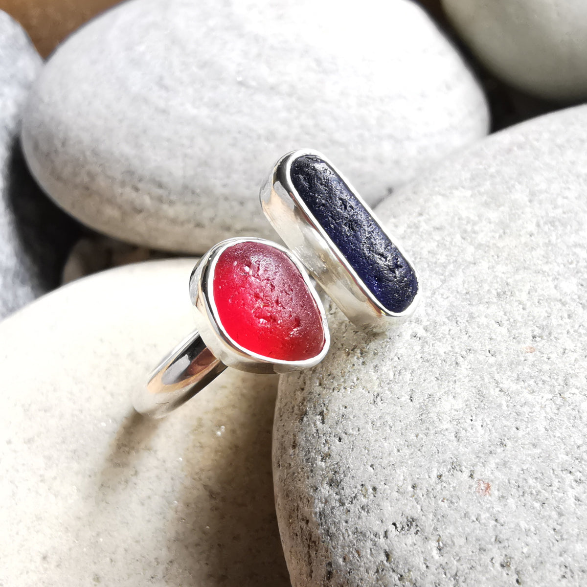 Seaham red and blue sea glass adjustable silver ring.