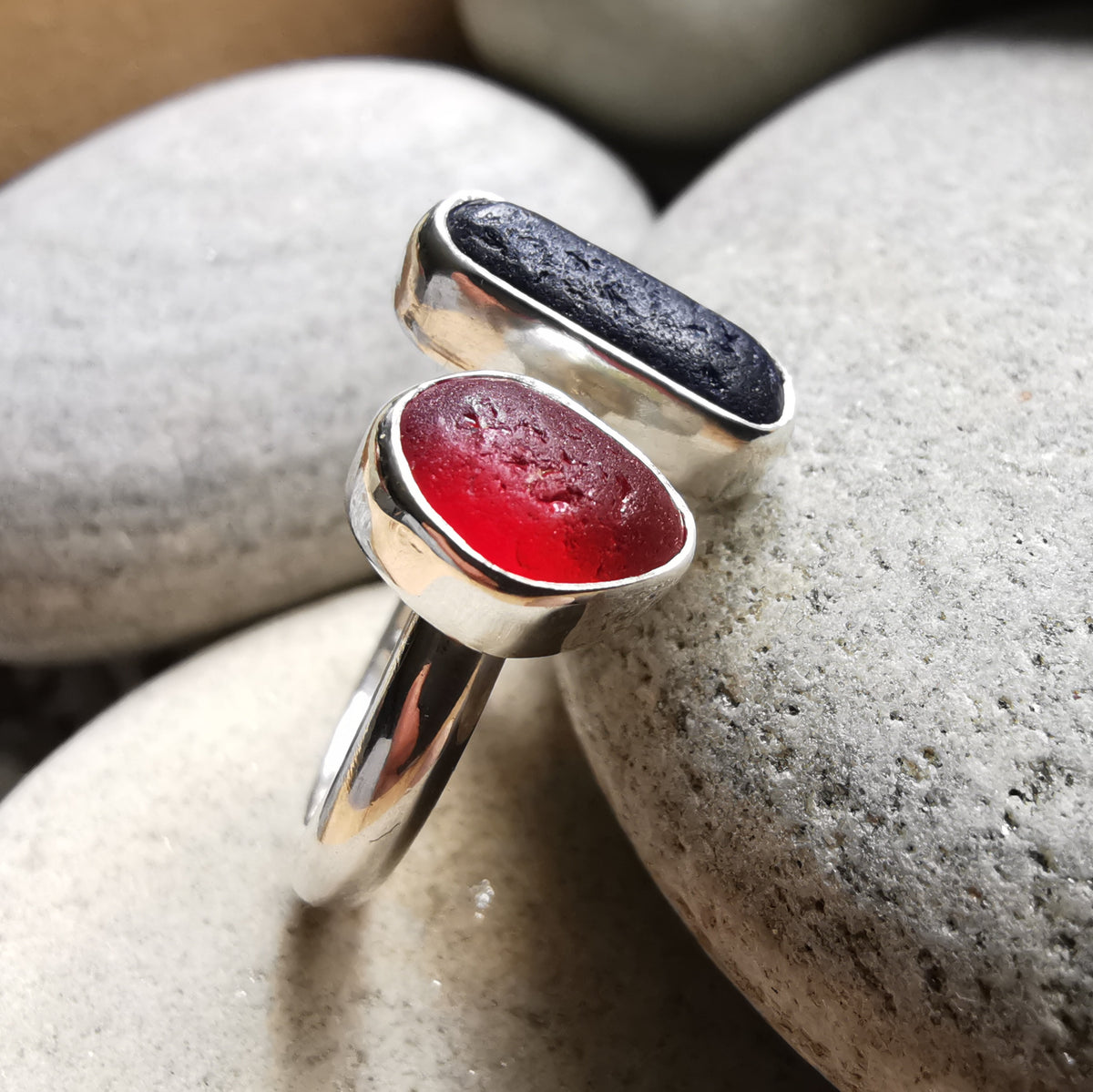 Seaham red and blue sea glass adjustable silver ring.